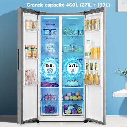 Comfee' RCS609IX2 Réfrigérateur-Congélateur Américan/No Frost/Compresseur Inverter/Hauteur 177,5 cm/460 L(271+189) de Réfrigération/Double contrôle/SuperCool, Inox