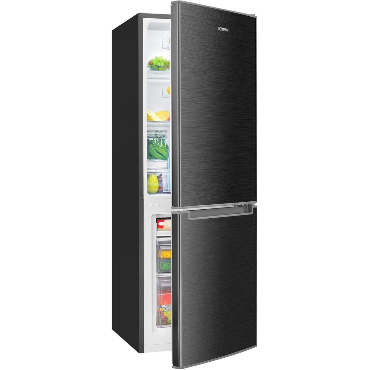 Bomann, Réfrigérateur et Congélateur 173L KG7359-Noir, 121L Réfrigérateur, 52L Congélateur 4 Étoiles, Contrôle Température, Éclairage LED, Design Réversible, Idéal pour Cuisine Moderne