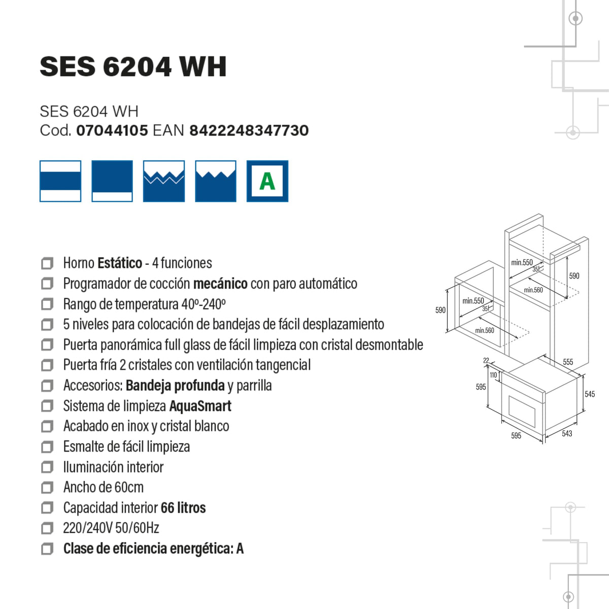 Cata Four statique SES 6204 WH avec 4 fonctions Programmateur de cuisson mécanique avec capacité 66 L Largeur 60 cm Blanc