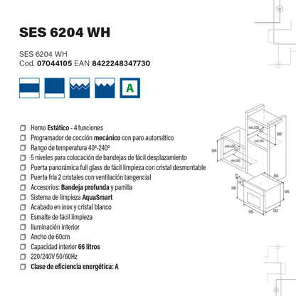 Cata Four statique SES 6204 WH avec 4 fonctions Programmateur de cuisson mécanique avec capacité 66 L Largeur 60 cm Blanc