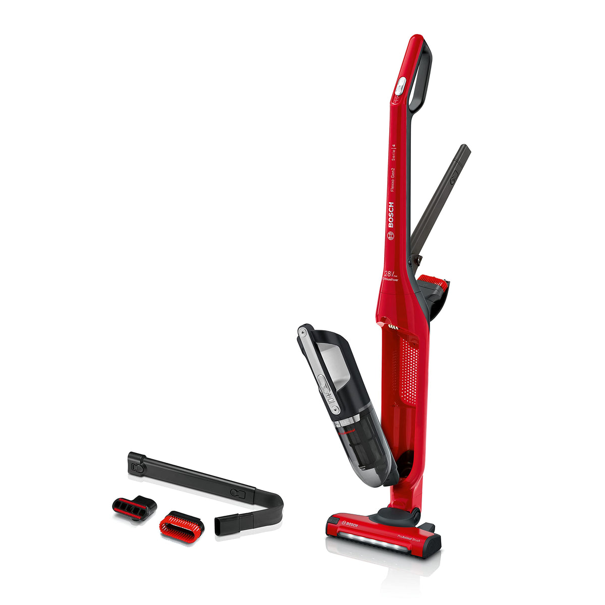 Bosch Electroménager Série 4, BBH3ZOO28, aspirateur Balai 2en1 Flexxo ProAnimal, Multifonction, Rechargeable, autonomie de 55 Min, 2 Vitesses, Accessoires Inclus, 28Vmax, Rouge
