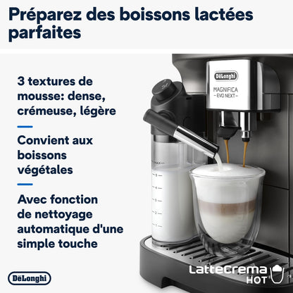 De’Longhi Magnifica Evo Next - Perfetto Machine à Café Automatique avec LatteCrema Mousseur à Lait Automatique, 13 Boissons en une Seule Touche, Écran Tactile Couleurs, Titane et Noir (ECAM312.80.TB)