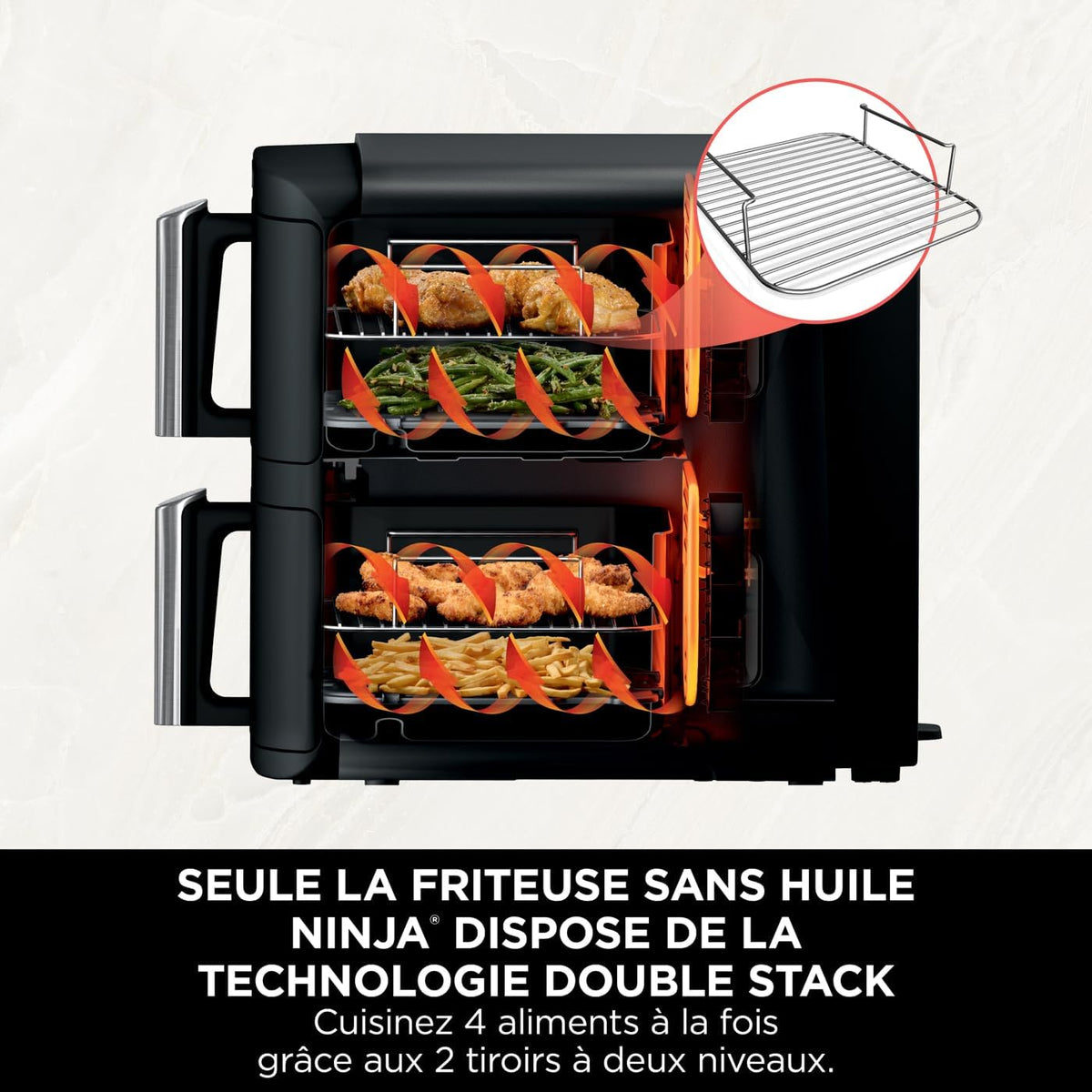Ninja Double Stack Air-Fryer, Friteuse verticale sans huile à 2 tiroirs, 4 niveaux cuisson, 2 tiroirs et 2 grilles, design compact, capacité de 7,6L, 6 fonctions de Cuisson, 6 portions, gris SL300EU