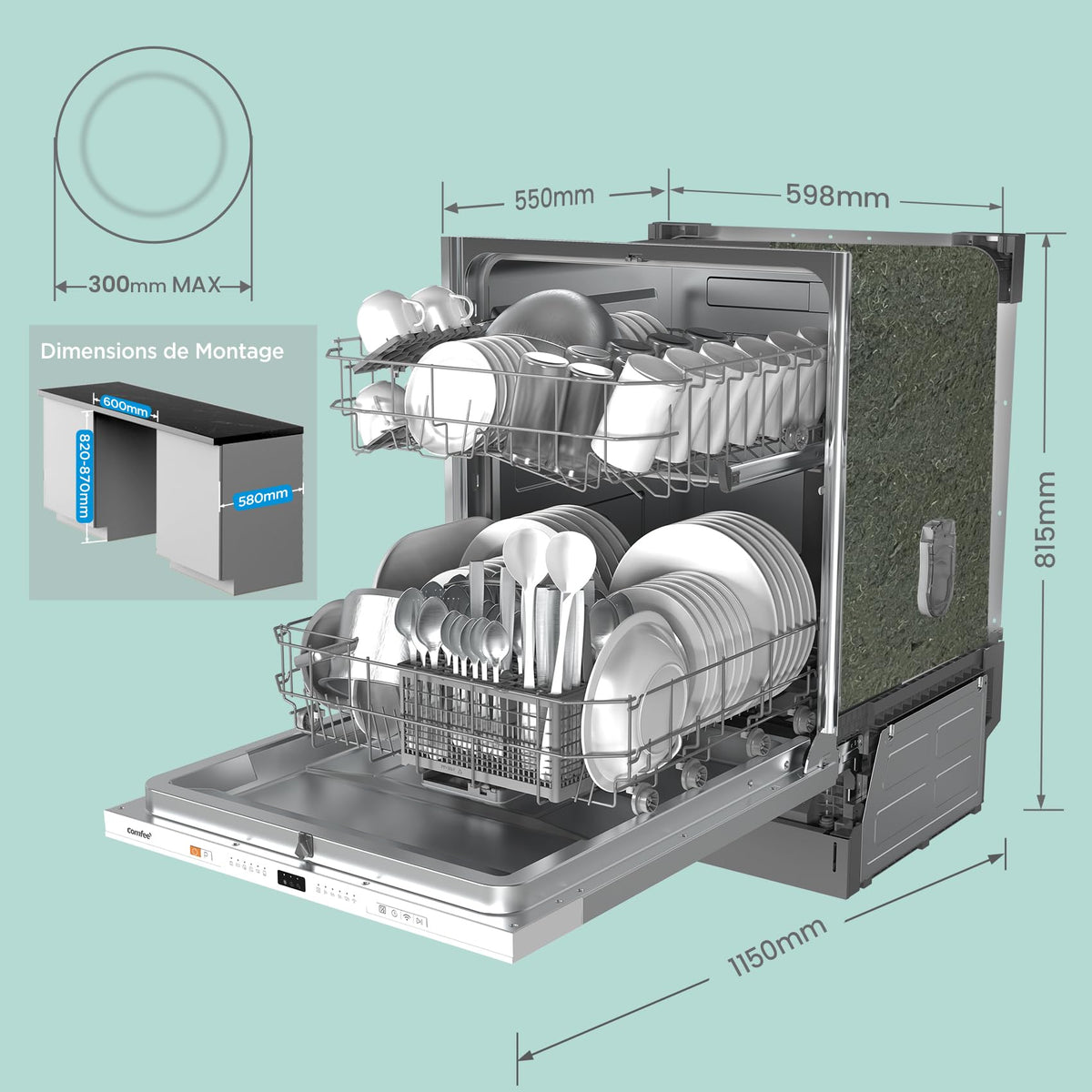 COMFEE' CDWPB1215PB-EU Lave-vaisselle Entièrement Intégré avec 12 Couverts, Lavage Cloud Wash, Séchage Supplémentaire, Lave-vaisselle Encastrable avec Démarrage Différé, Lavage Rapide - Blanc