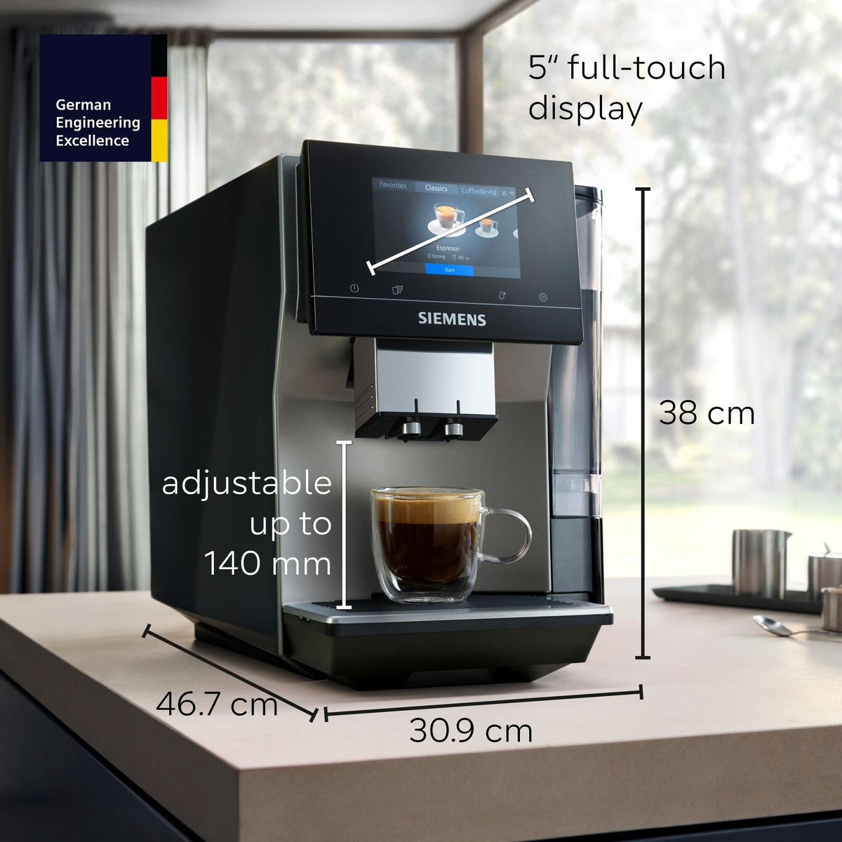 SIEMENS EQ700 Machine à café entièrement automatique grain à tasse, écran tactile de 5 pouces, préparation froide et lente de préparation, cappuccinatore, plus de 34 boissons de café, connexion au