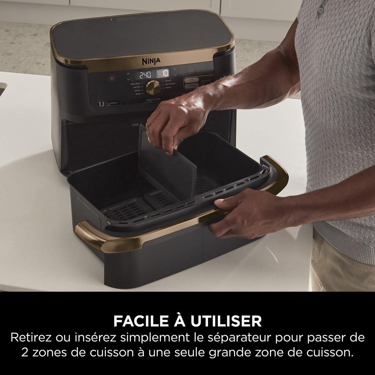 NINJA Foodi FlexDrawer Air Fryer, Dual Zone Avec Séparateur Amovible, Grand Tiroir de 10.4 L, 7-en-1, Double Zone, Pièces Antiadhésives Compatibles Au Lave-Vaisselle, Noir & Cuivre, AF500EUCP