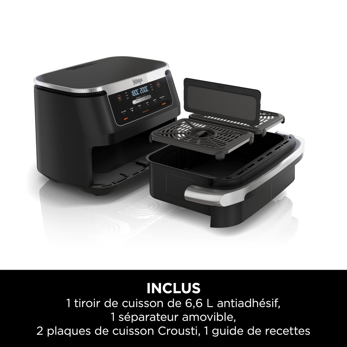 Ninja FlexDrawer Friggitrice ad aria doppio cestello, 6,6 L, 6 in 1, DualZone, divisorio rimovibile, zero olio, arrosto/forno, massima croccantezza, parti lavabili in lavastoviglie, nero, AF550EU