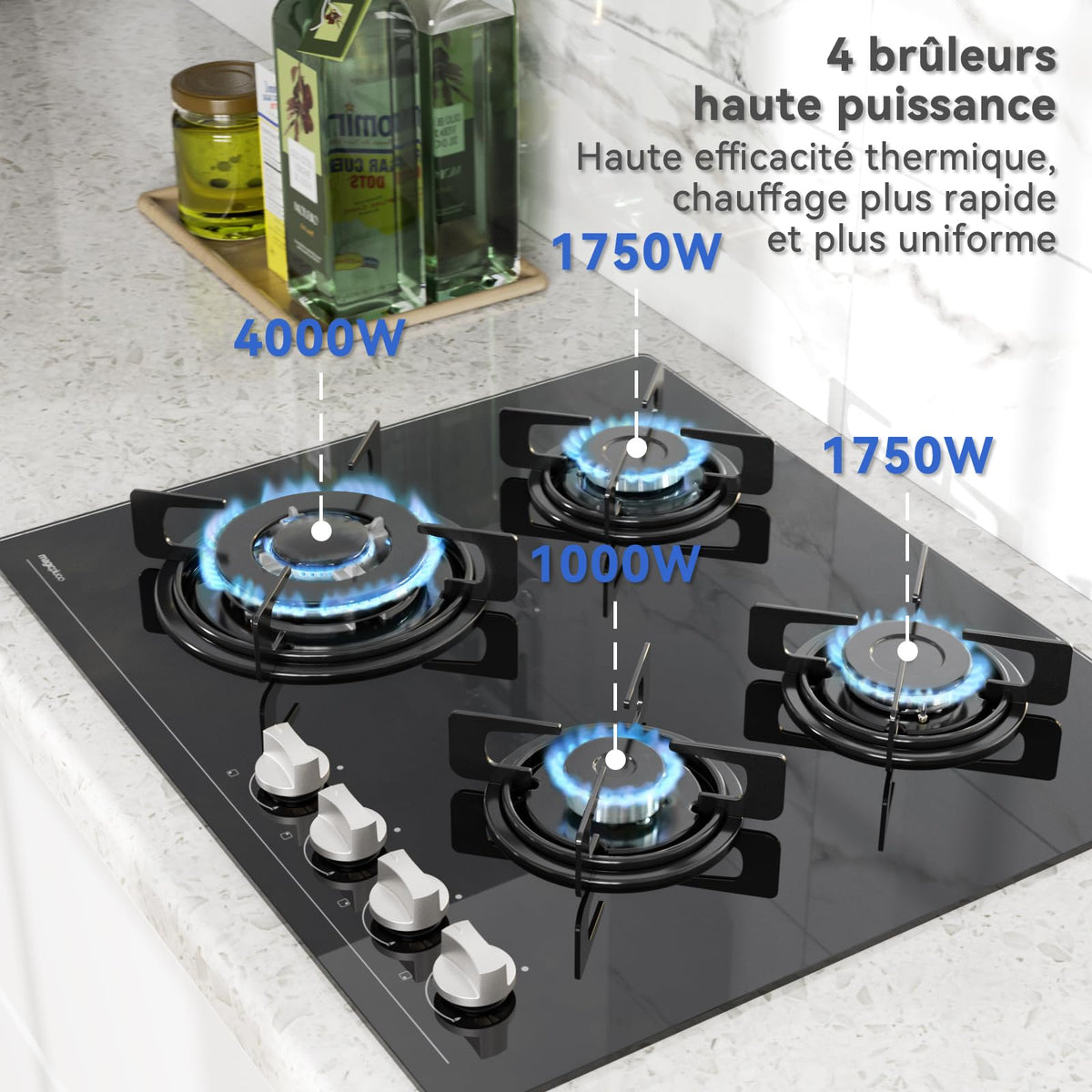 Magicplux Plaque de Cuisson Gaz 4 feuxs, 60cm, Gaziniere Encastrable, Gaz ville et bouteille, 8500W
