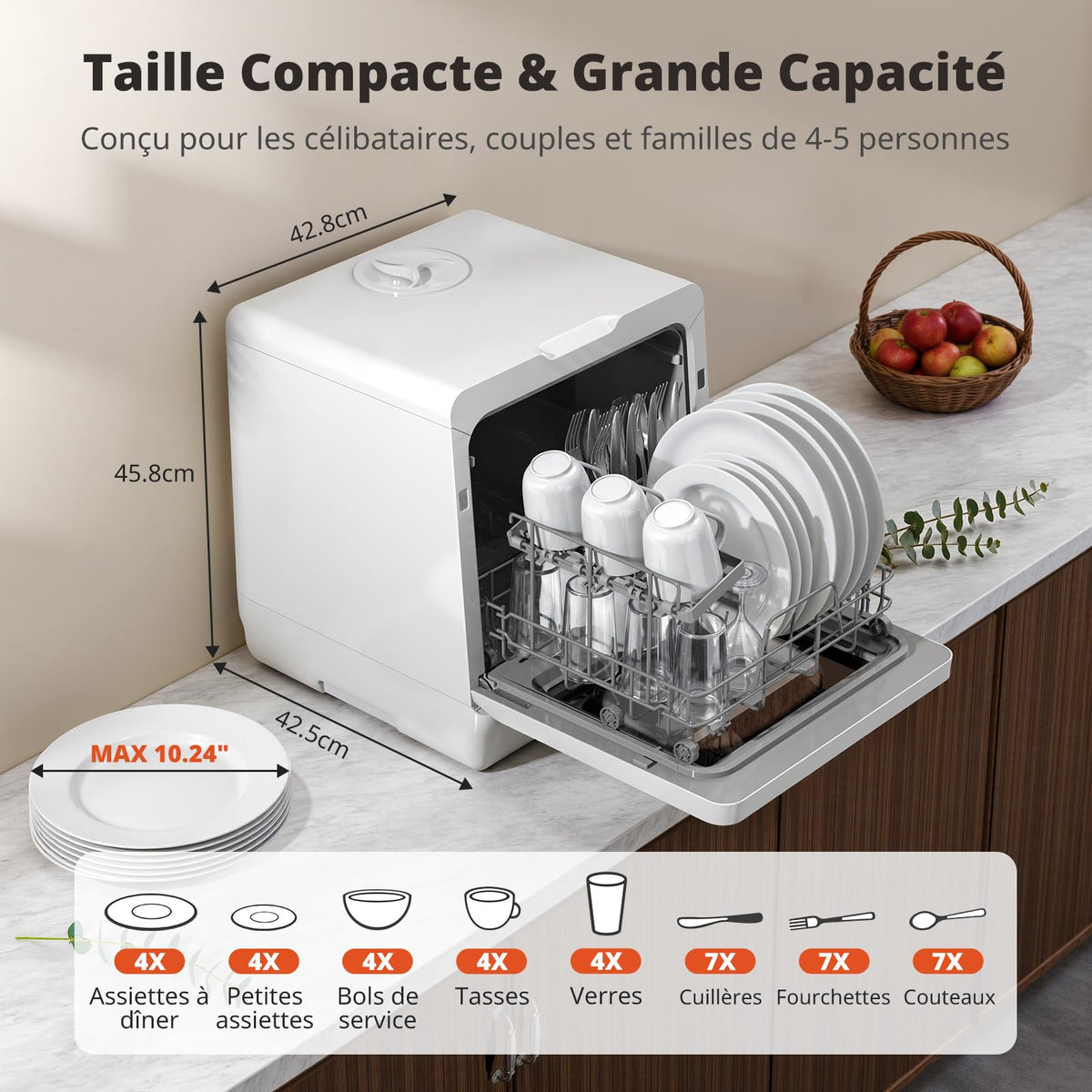 AIRMSEN Mini Lave-Vaisselle de Table, Lave-Vaisselle Portable 5L, 8 Programmes + 3 Programmes supplémentaires, Départ Différé 1-18 h, Adoucisseur d’Eau et Sécurité Enfant