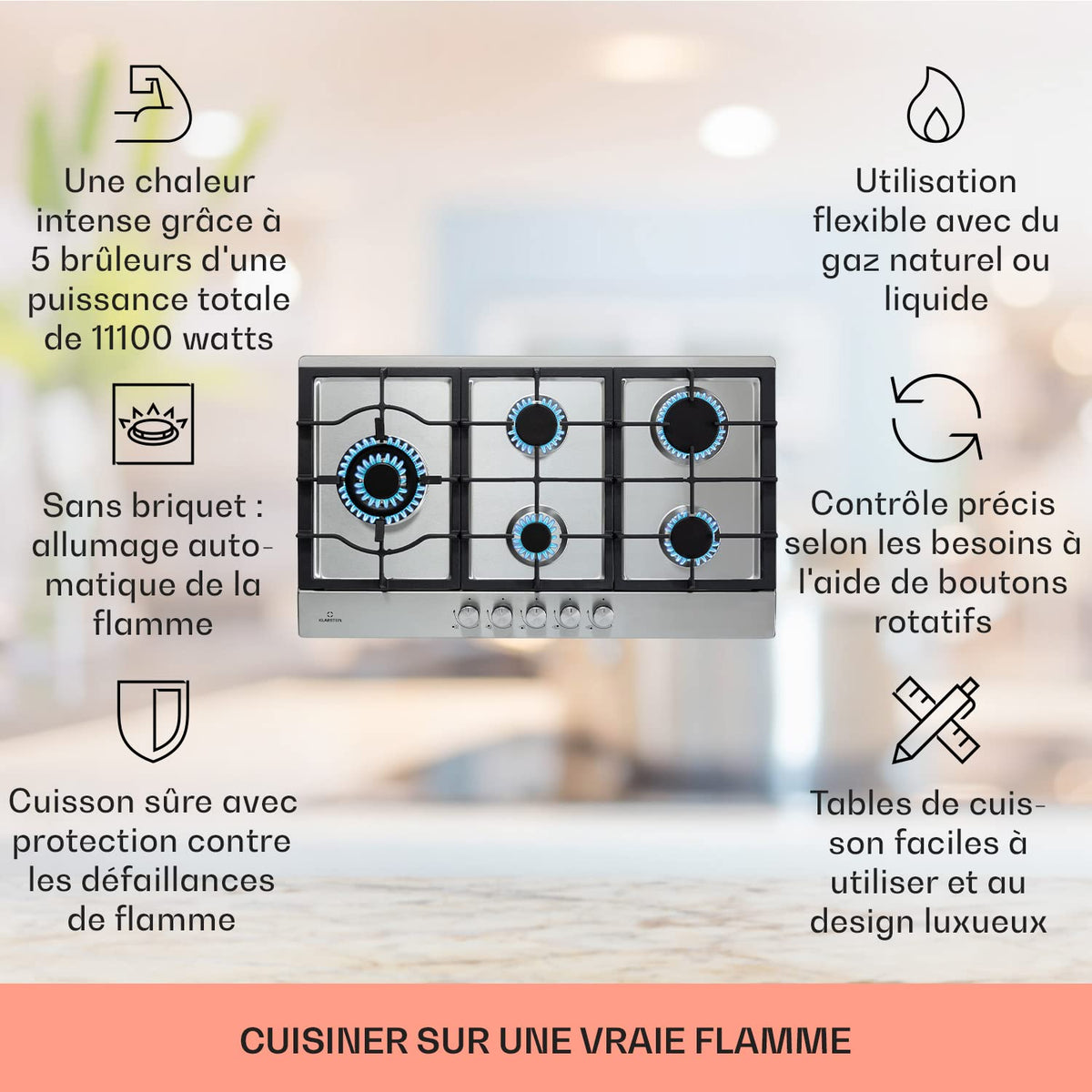 Klarstein Tables de Cuisson à Gaz, Plaque de Cuisson , Encastrable à 5 Feux de 11100W, Cuisiniere Gaz, Gaziniere avec Brûleurs en Acier Inoxydable, Cuisinières GPL