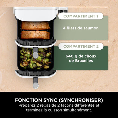 NINJA Double Stack XL Air Fryer, Friteuse sans huile Verticale Double Tiroir 4 Niveaux de Cuisson, 2 Tiroirs, 2 Grilles, Capacité de 9,5 L, 6 Fonctions, 8 Portions, Pinces, Blanc SL400EUWH