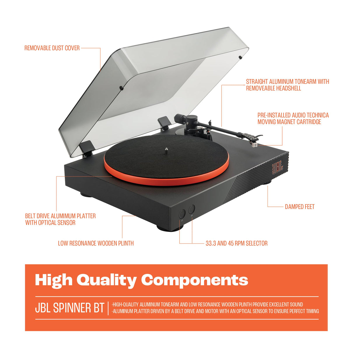 JBL Spinner BT, Platine Bluetooth avec AptX-HD, design dynamique, porte-cellule amovible, plateau en aluminium et entraînement par courroie, cellule magnétique mobile préinstallée, noir et orange