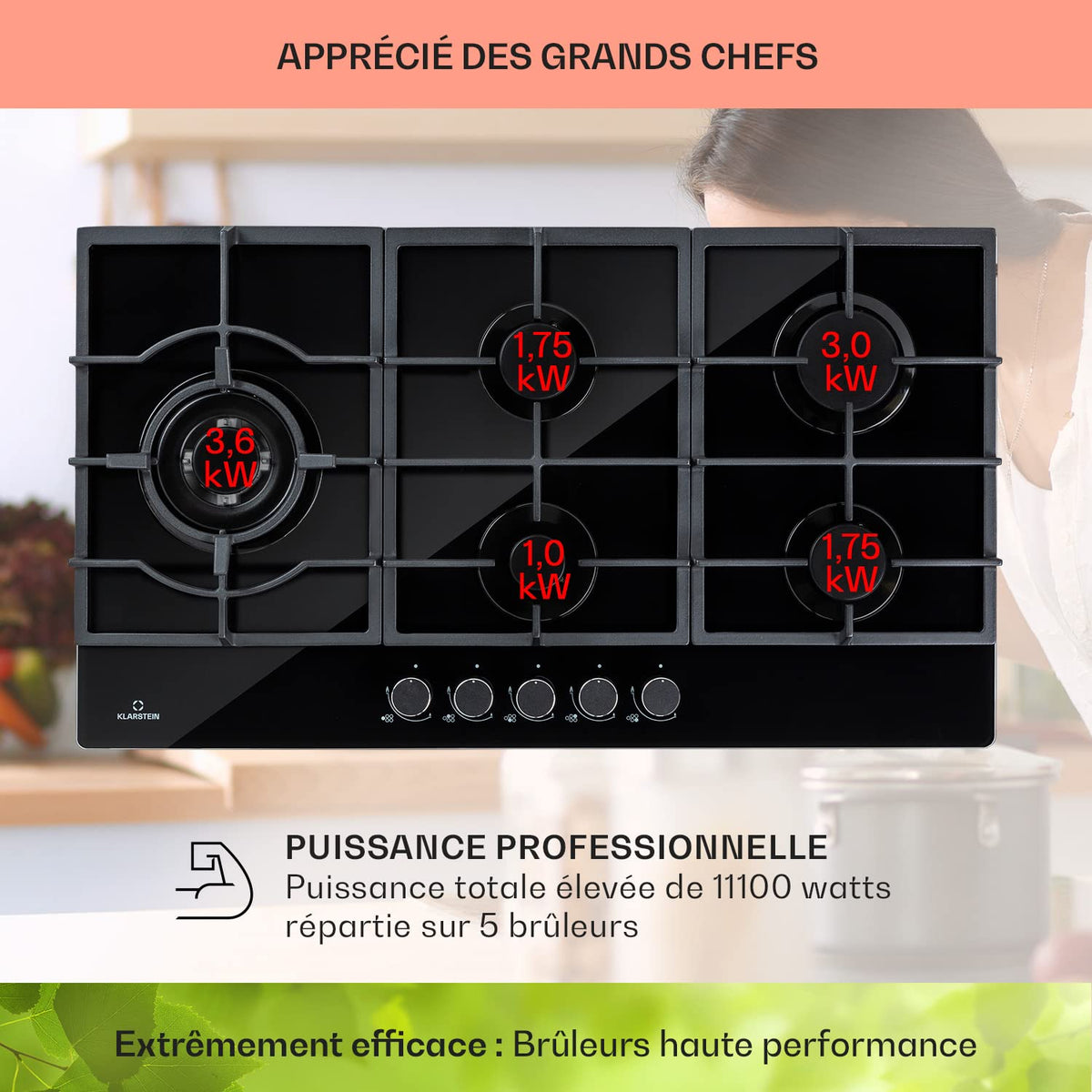 Klarstein Tables/Plaque/Gaziniere de Cuisson à Gaz à 5 Brûleurs, Table de Cuisson Encastrable à 5 Feux de 11100W, en Acier Inoxydable, Cuisinières GPL