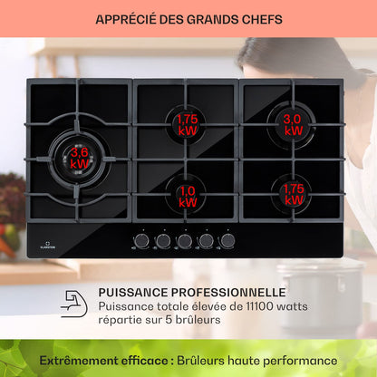 Klarstein Tables/Plaque/Gaziniere de Cuisson à Gaz à 5 Brûleurs, Table de Cuisson Encastrable à 5 Feux de 11100W, en Acier Inoxydable, Cuisinières GPL
