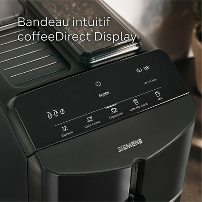 SIEMENS, machine à café tout automatique, EQ300, ceramDrive, milkPerfect, fonction oneTouch, noir piano, TF301E19