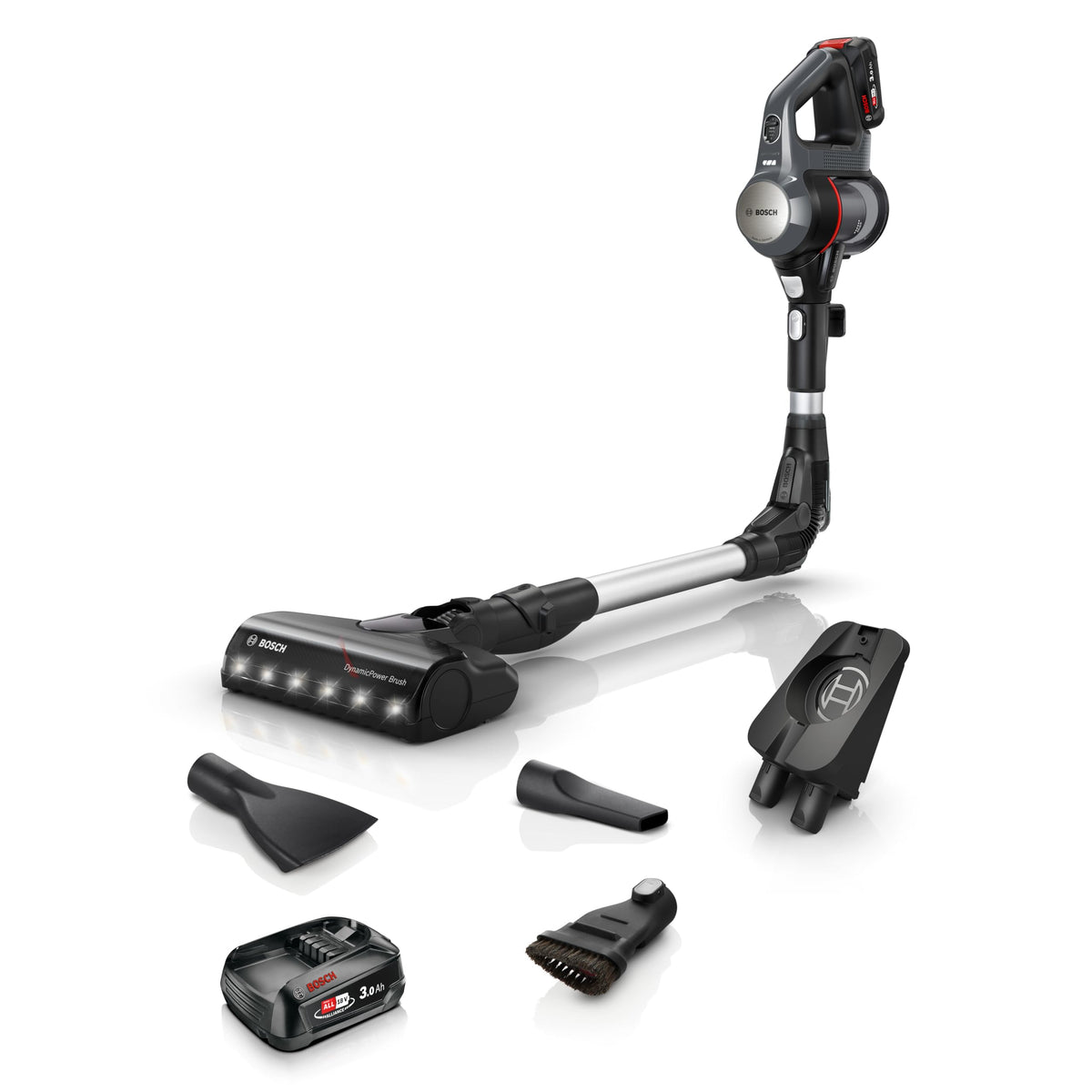 Bosch Electroménager Unlimited 7, BBS712A, aspirateur Balai, 2 Batteries 3.0 Ah Power for All, autonomie de 40 Min par Batterie, Tube Flexible, Poids léger, Accessoires, éclairage LED, Anthracite