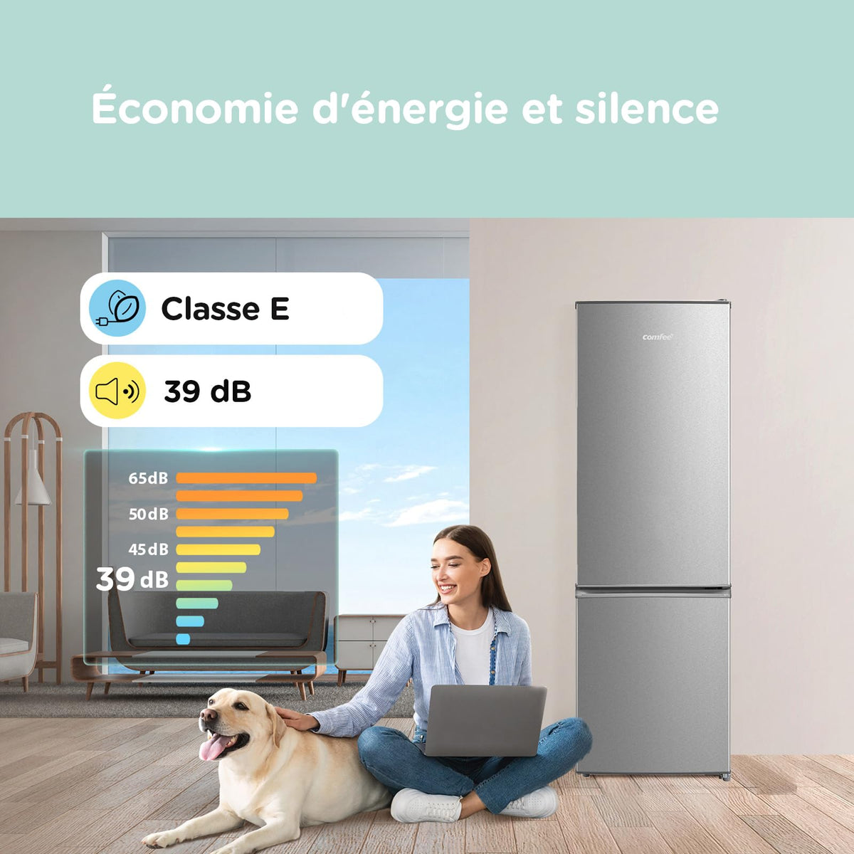 Comfee' RCB359IX2 Réfrigérateur Combiné, 262L(197+65), Grande Capacité, Low Frost, Hauteur 177,3 cm, Faible Bruit 39 dB, Éclairage LED, Température Réglable, Acier Inoxydable