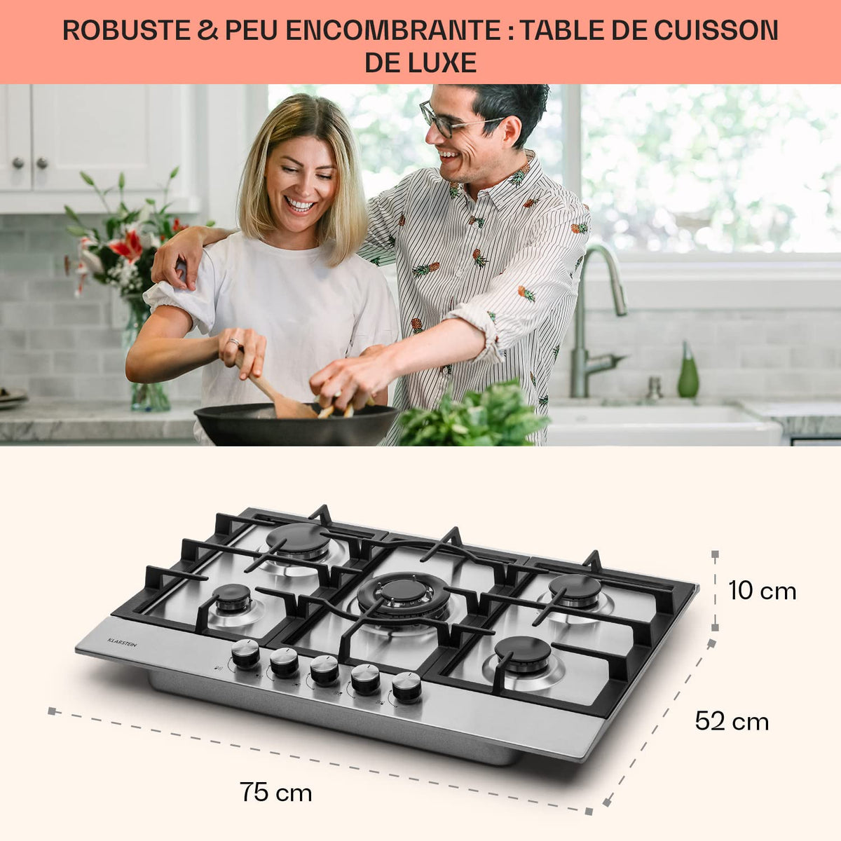 Klarstein Plaque de Cuisson Gaz à 5 Brûleurs, Table de Cuisson Encastrable à 5 Feux de 11100W, Cuisiniere, Gaziniere en Acier Inoxydable, Cuisinières GPL