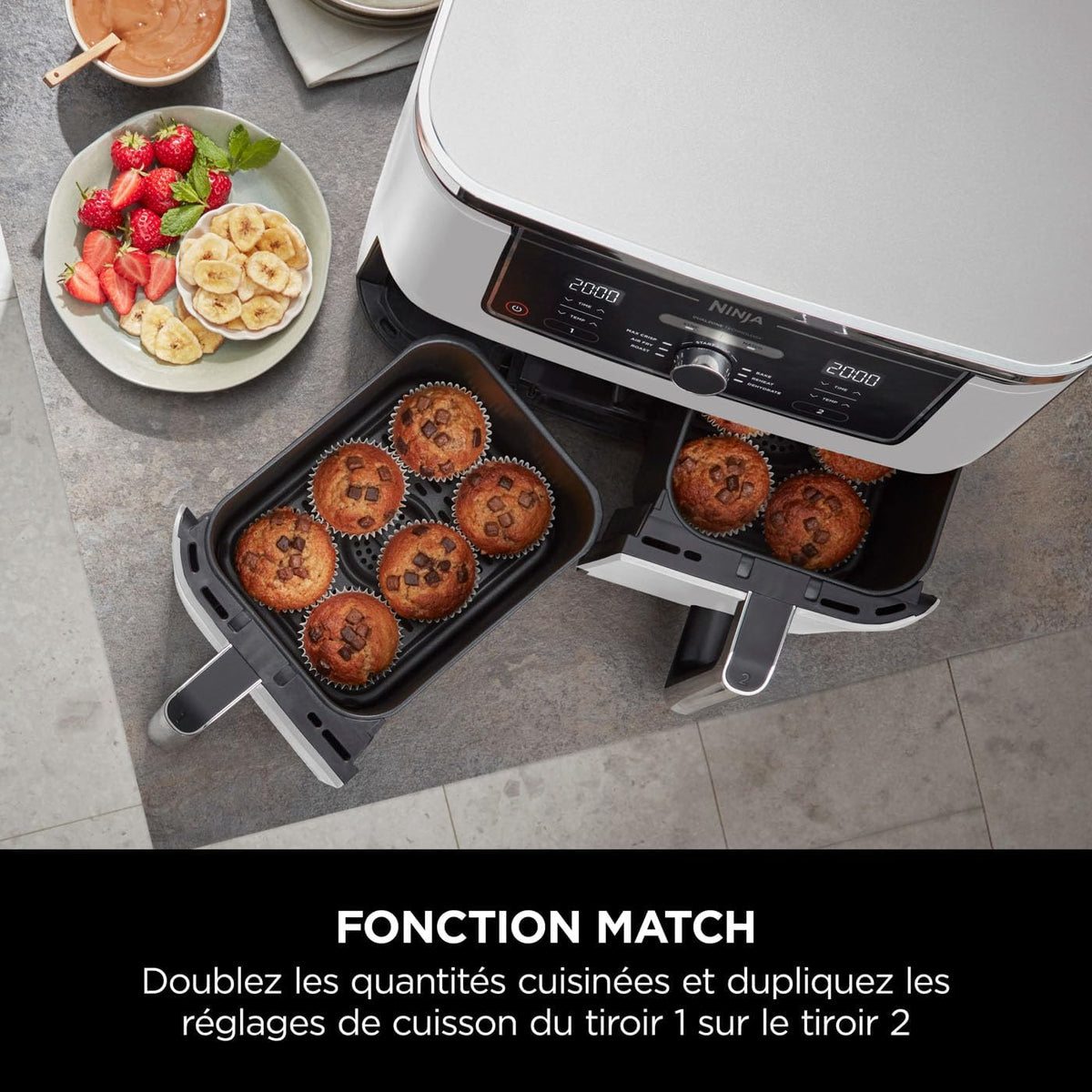 Ninja Foodi MAX Dual Zone Air Fryer, 2 Tiroirs, 9,5L, 6-en-1, Sans Huile, Air Fry, Croustillant Max, Rôtir, Cuire, Déshydrater, 8 Portions, Paniers Antiadhésifs Vont Au Lave-Vaisselle, Blanc AF400EUWH
