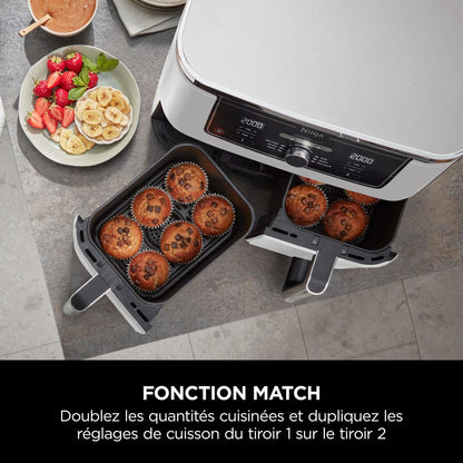 Ninja Foodi MAX Dual Zone Air Fryer, 2 Tiroirs, 9,5L, 6-en-1, Sans Huile, Air Fry, Croustillant Max, Rôtir, Cuire, Déshydrater, 8 Portions, Paniers Antiadhésifs Vont Au Lave-Vaisselle, Blanc AF400EUWH