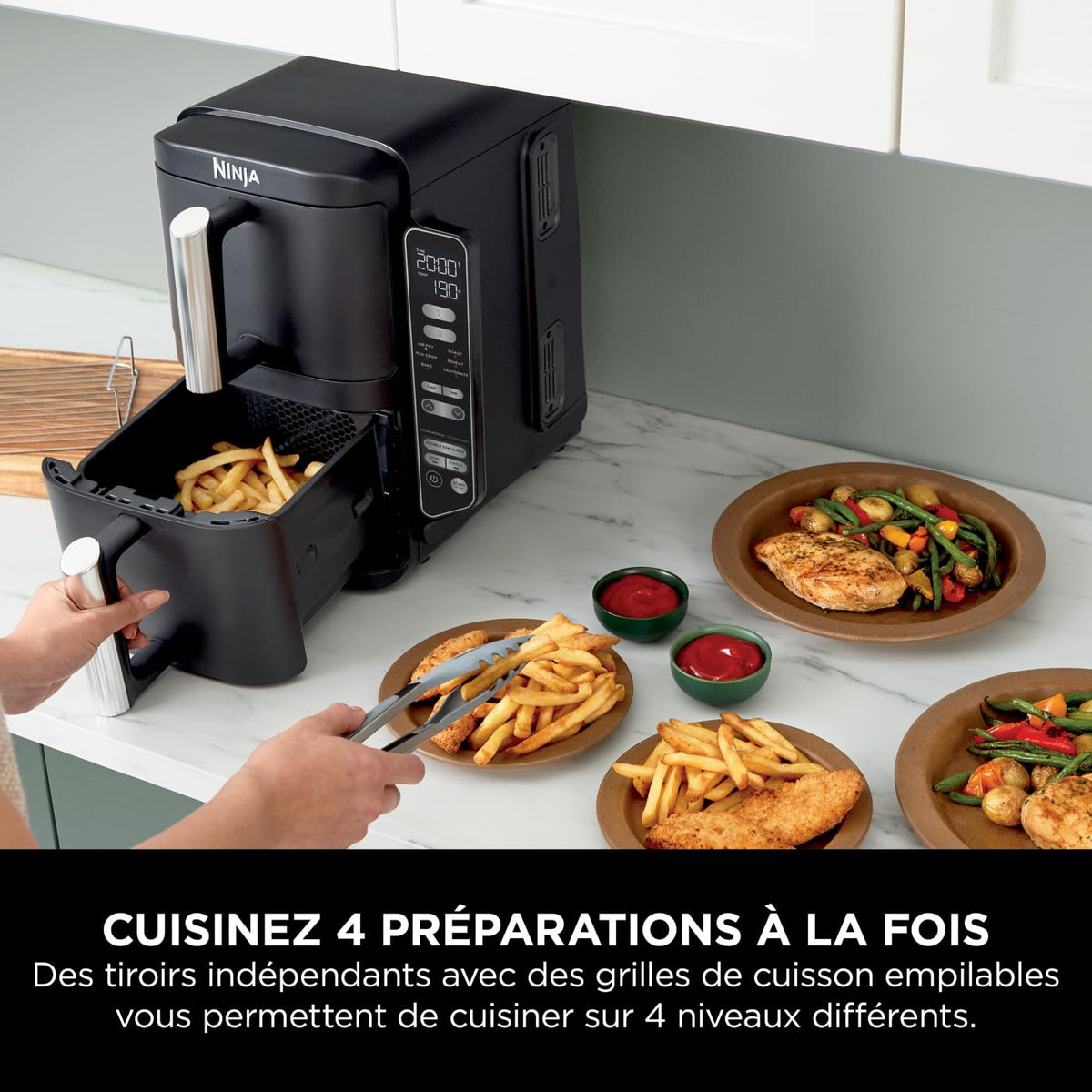 Ninja Double Stack Air-Fryer, Friteuse verticale sans huile à 2 tiroirs, 4 niveaux cuisson, 2 tiroirs et 2 grilles, design compact, capacité de 7,6L, 6 fonctions de Cuisson, 6 portions, gris SL300EU