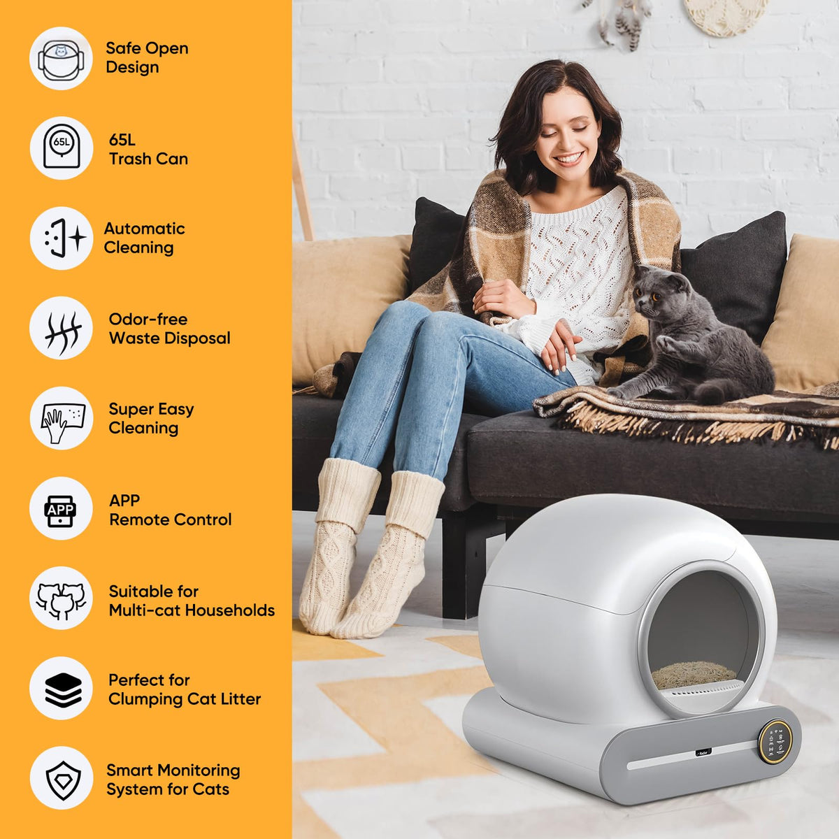 Litiere Chat Autonettoyante Bac à Litter Automatic 65L Bac à Litière pour Chat Automatique, Contrôle par Application, Anti-fuites/Pincement/pour Plusi