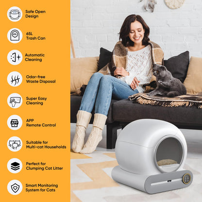 Litiere Chat Autonettoyante Bac à Litter Automatic 65L Bac à Litière pour Chat Automatique, Contrôle par Application, Anti-fuites/Pincement/pour Plusi
