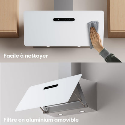 CIARRA CBCW9736K Hotte Aspirante Inclinée 90 cm 650m³/h - Classe A+++ - Filtre à Charbon Inclus - Commande Tactile- 3 Vitesses et Fonction Boost - LED Dimmable