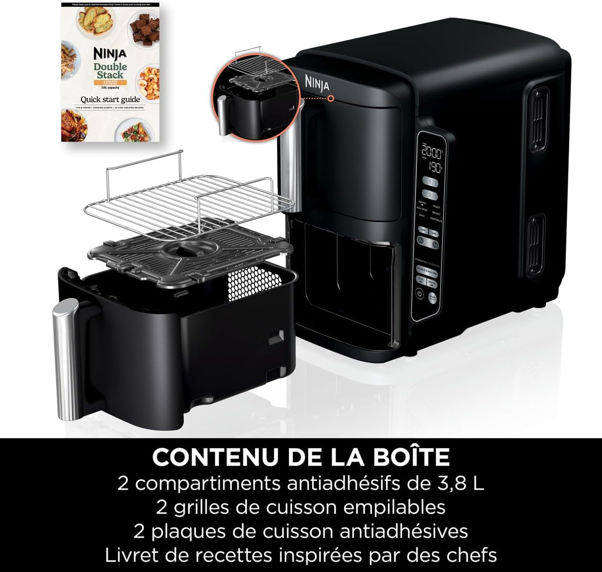 Ninja Double Stack Air-Fryer, Friteuse verticale sans huile à 2 tiroirs, 4 niveaux cuisson, 2 tiroirs et 2 grilles, design compact, capacité de 7,6L, 6 fonctions de Cuisson, 6 portions, gris SL300EU