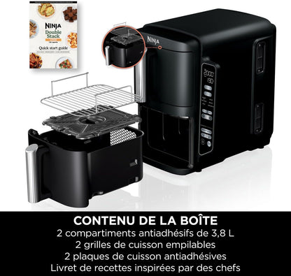 Ninja Double Stack Air-Fryer, Friteuse verticale sans huile à 2 tiroirs, 4 niveaux cuisson, 2 tiroirs et 2 grilles, design compact, capacité de 7,6L, 6 fonctions de Cuisson, 6 portions, gris SL300EU