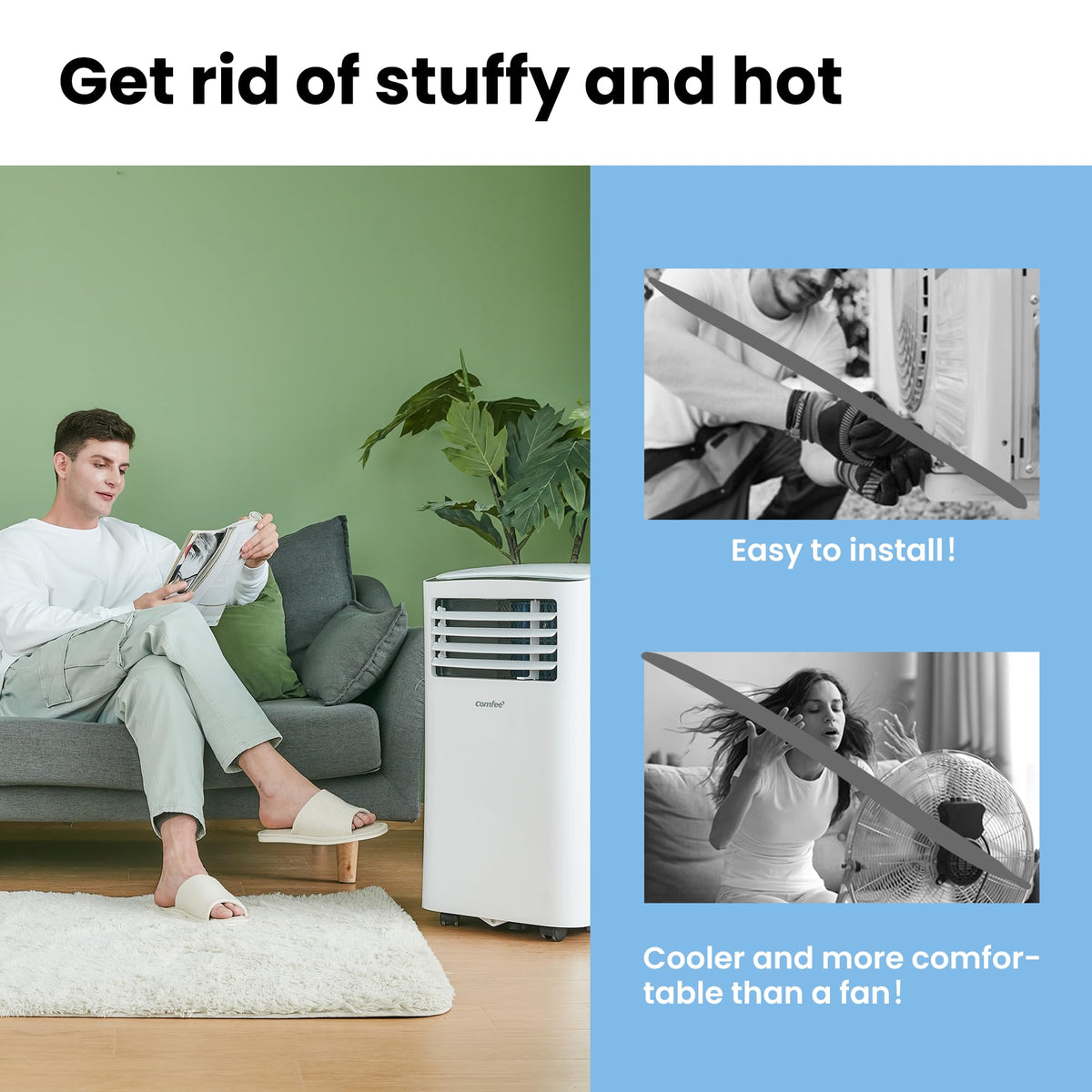 COMFEE' Climatiseur Mobile 8000 BTU/h 2,3kW, 3-EN-1 Refroidisseur Déshumidificateur Ventilateur, Fonction Follow me, Minuterie, Pour salon et appartement de 29㎡/78m³, MPPH-08CRN7, R290