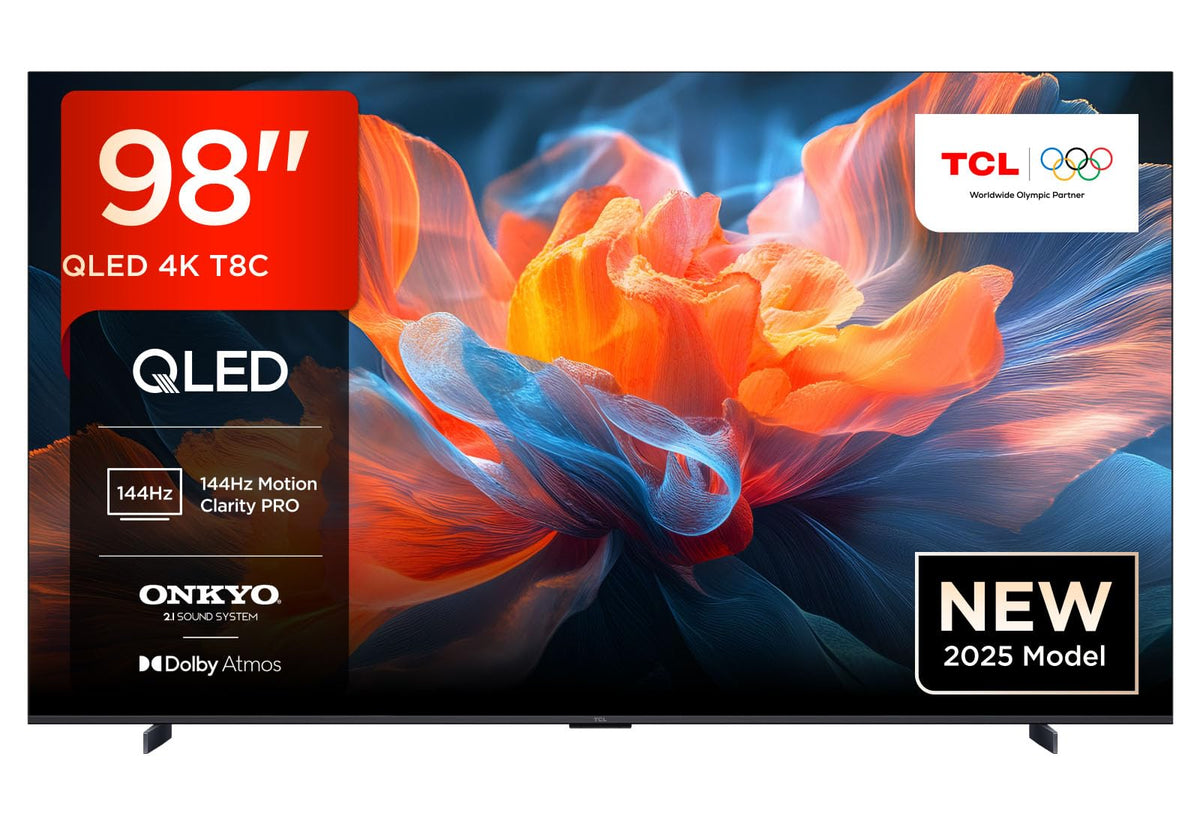 TCL 98T8C 98" QLED 4K HDR Ultra HD TV, Smart TV Powered by Google TV (Dolby Vision & Atmos, 144Hz Motion Clarity Pro, FreeSync, Onkyo 2.1 Sound, Voice Control)