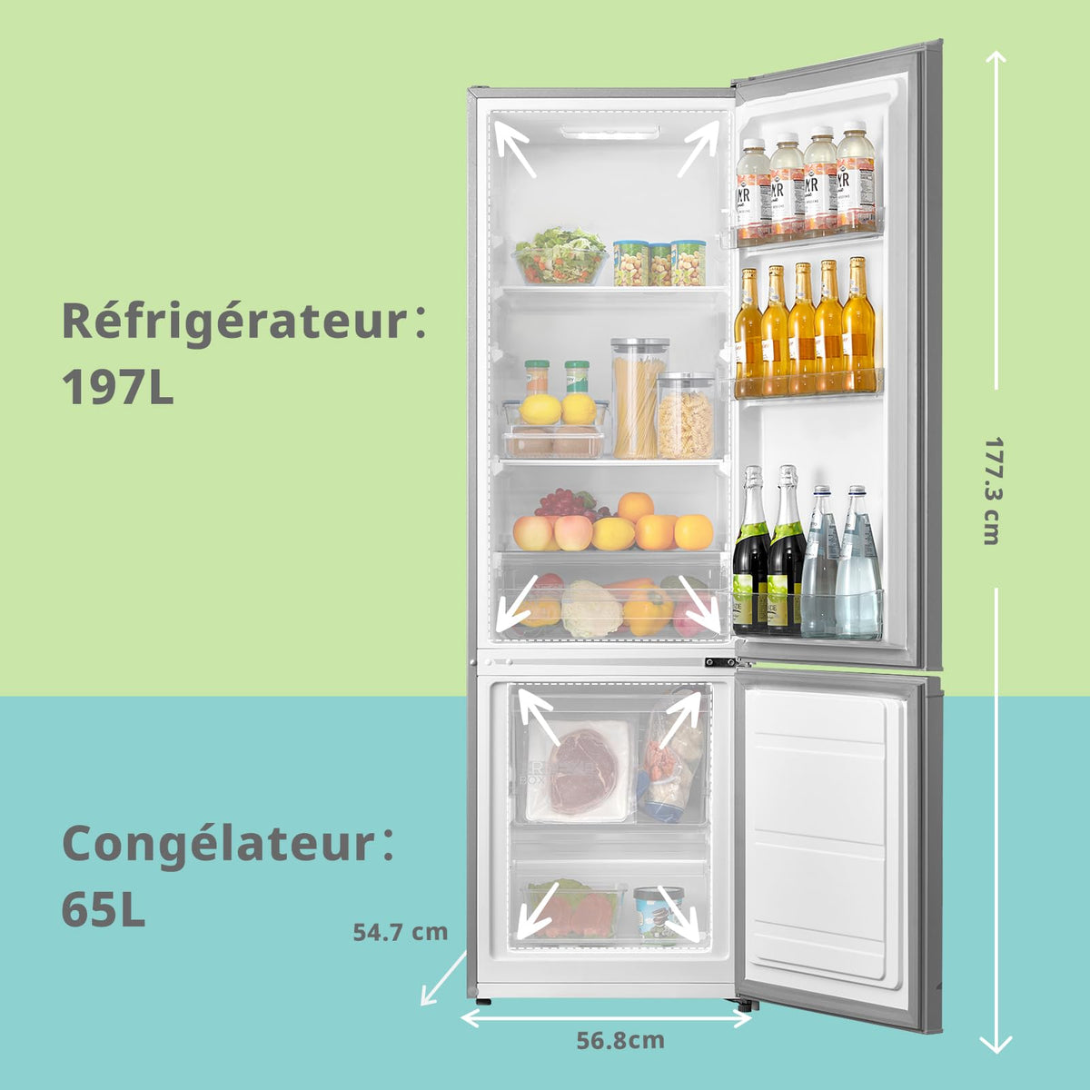 Comfee' RCB359IX2 Réfrigérateur Combiné, 262L(197+65), Grande Capacité, Low Frost, Hauteur 177,3 cm, Faible Bruit 39 dB, Éclairage LED, Température Réglable, Acier Inoxydable