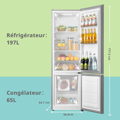 Comfee' RCB359IX2 Réfrigérateur Combiné, 262L(197+65), Grande Capacité, Low Frost, Hauteur 177,3 cm, Faible Bruit 39 dB, Éclairage LED, Température Réglable, Acier Inoxydable