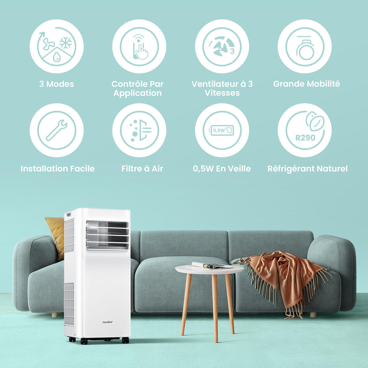 COMFEE' Climatiseur Mobile 9000 BTU/h 2,6kW, Contrôle APP, 3 Modes, 3 Vitesses de ventilation, Dimensions compactes, Pour pièces de 33㎡, Breezy Cool 2.6, Fonctionne avec Alexa