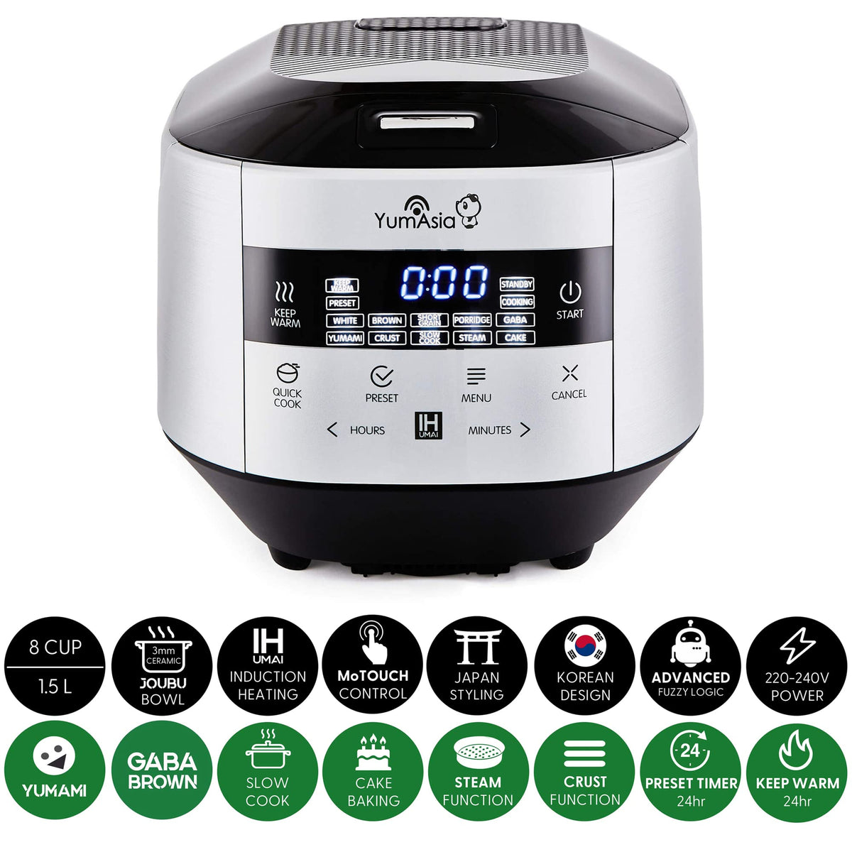 Yum Asia Bamboo Cuiseur à riz avec chauffage à induction (IH) et bol en céramique, 7 fonctions de cuisson au riz, 4 fonctions multicuiseurs, écran LED Motouch – 220-240V EU (Argent métallique)