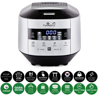 Yum Asia Bamboo Cuiseur à riz avec chauffage à induction (IH) et bol en céramique, 7 fonctions de cuisson au riz, 4 fonctions multicuiseurs, écran LED Motouch – 220-240V EU (Argent métallique)