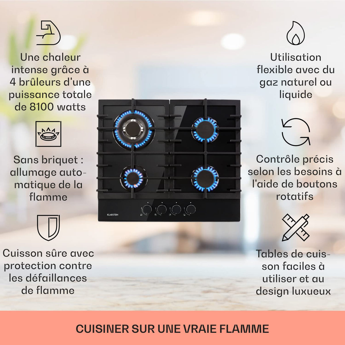 Klarstein Plaque de Cuisson Gaz à 4 Brûleurs en Acier Inoxydable, Table de Cuisson Encastrable à 4 Feux de 8100W, Cuisinières GP