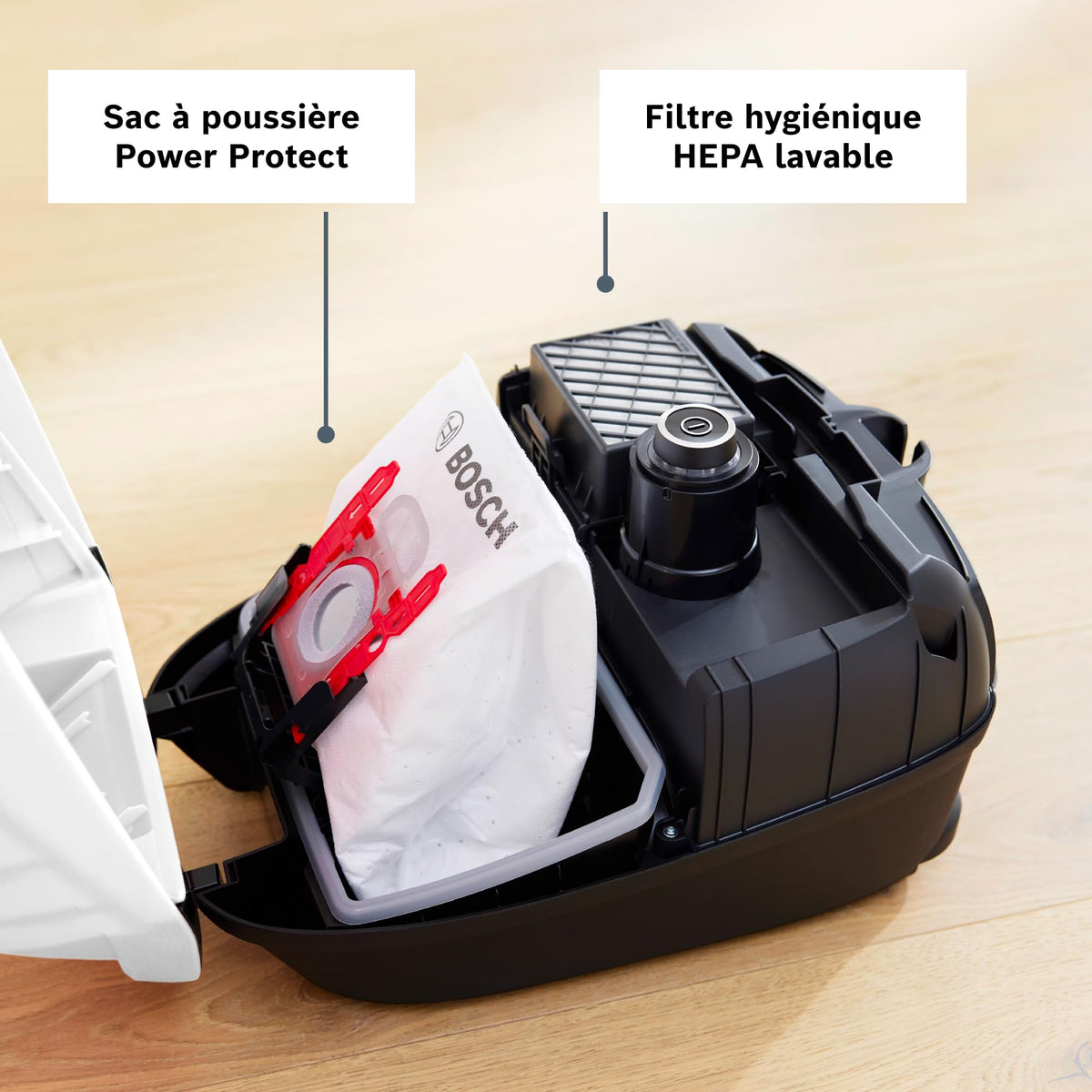 Bosch Electroménager, Série 6, ProSilence BGB6SIL1, aspirateur traîneau avec sac, niveau sonore de 66 dB(A), filtre hygiénique HEPA, moteur puissant, blanc