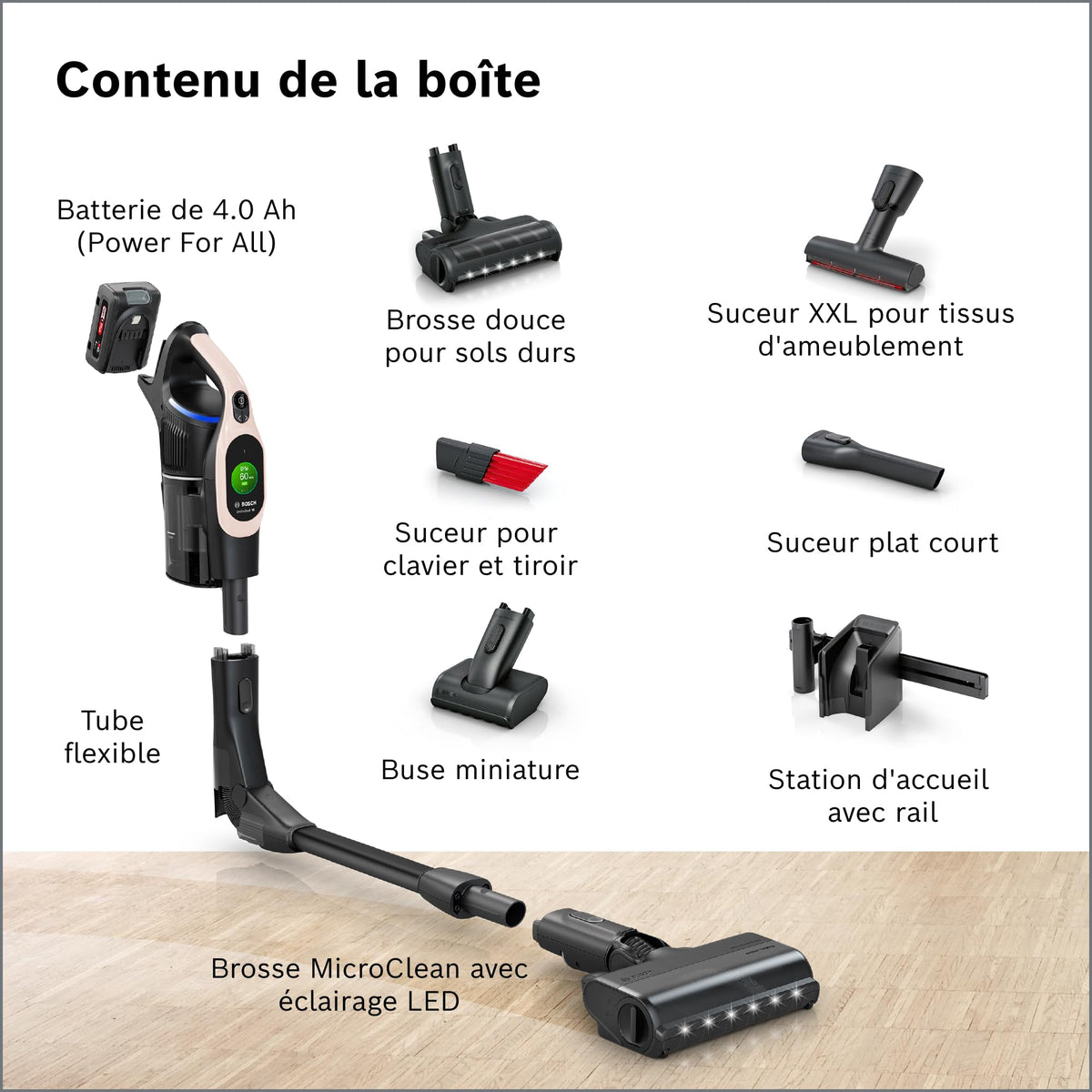 Bosch, aspirateur Balai sans Fil, Unlimited 10, Batterie 4.0 Ah, Technologie MicroClean, bac à poussière Facile à Vider, Tube Flexible, éclairage LED, Rose, BKS1041RHF