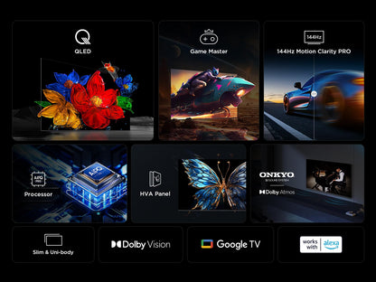 TCL 65T8C 65" QLED 4K HDR Ultra HD TV, Smart TV Powered by Google TV (Dolby Vision & Atmos, 144Hz Motion Clarity Pro, FreeSync, Onkyo 2.1 Sound, Voice Control)