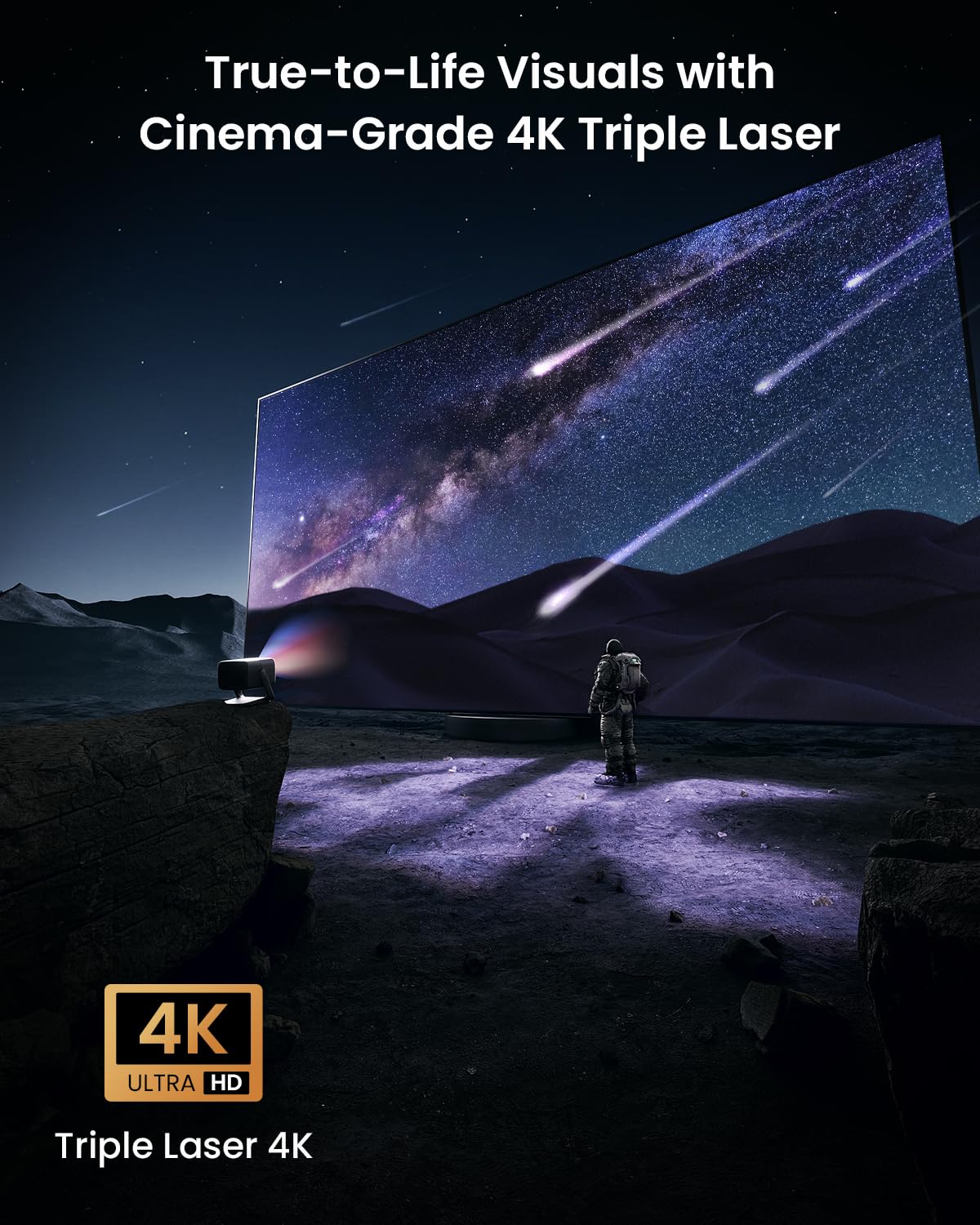 JMGO N1S Ultimate Videoprojecteur 4K Triple Laser, 3300 ISO Lumens Projecteur GTV Netflix, Gimbal Correction d'image Instantée, 300", Blu-Ray 3D, HDR10, 20W Deux Haut-Parleurs avec Dolby Digital Plus