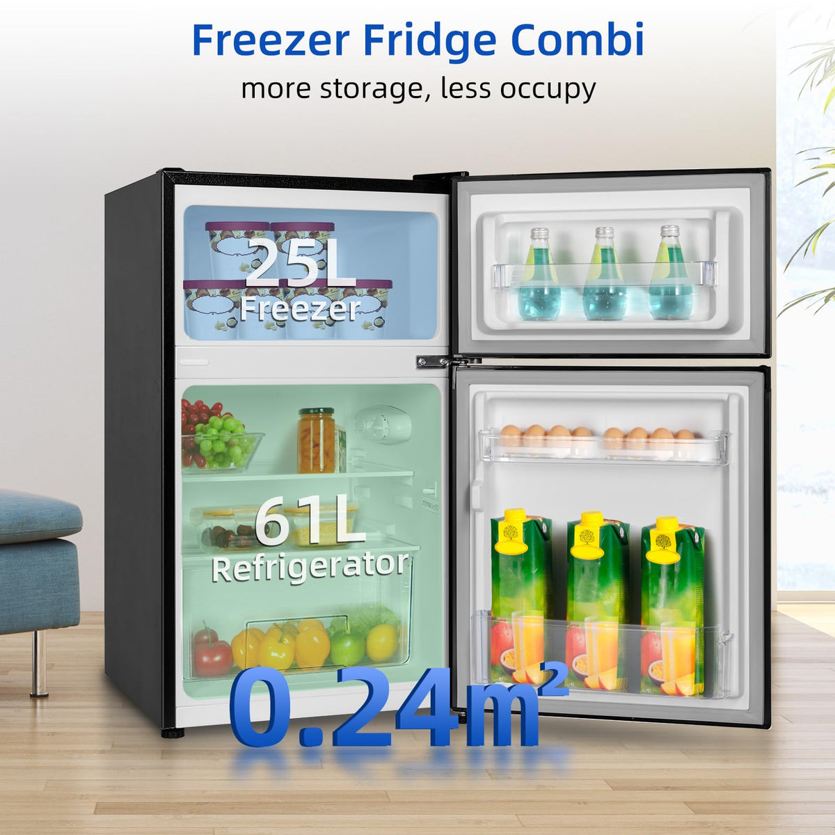 CHIQ Réfrigérateur congélateur en haut Réfrigérateur congélateur - 86 L (61/25L) - Portes réversibles, Congélateur 4 étoiles, Machine à glaçons, Garantie compresseur 12 ans, Classe E