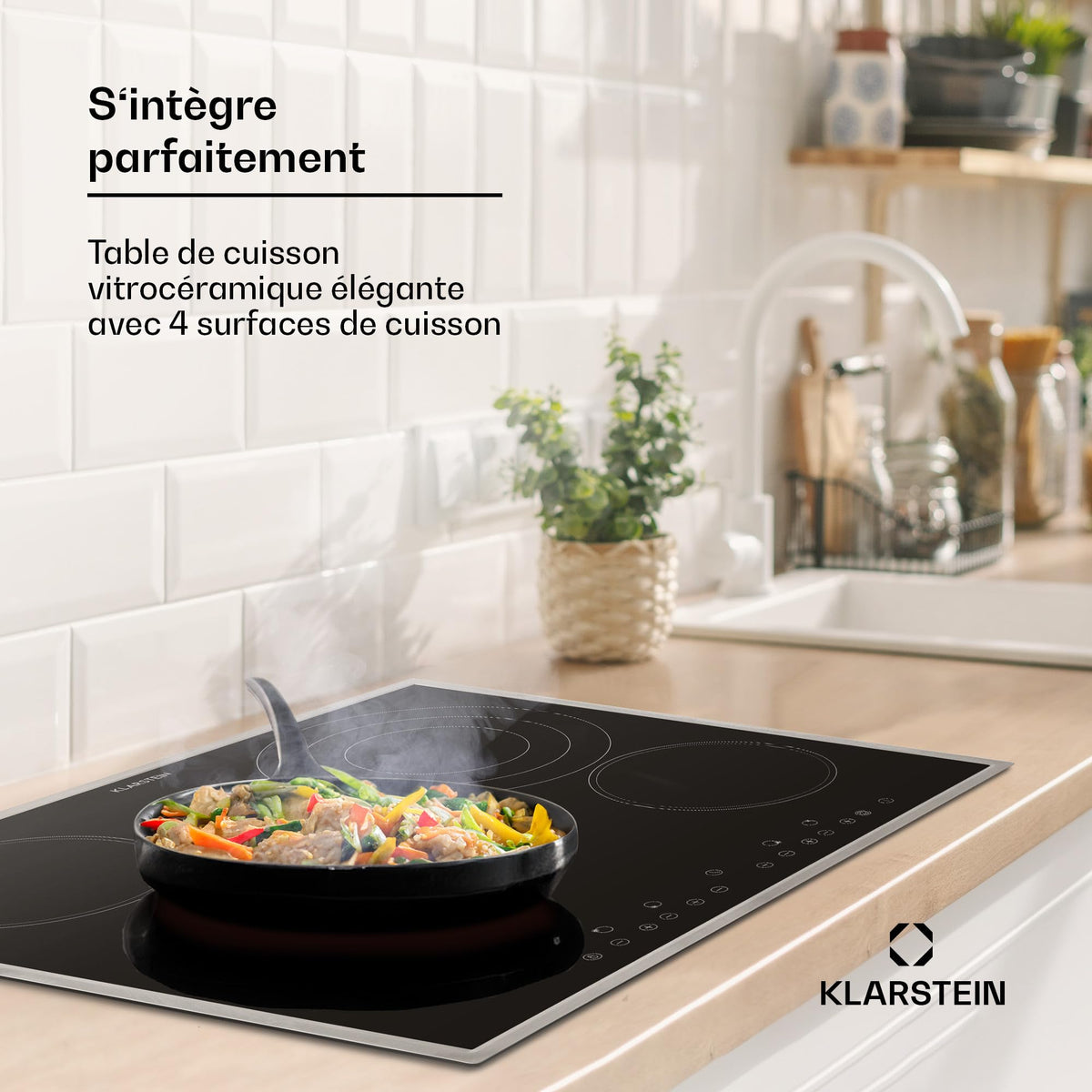 Klarstein Plaque Vitrocéramique Encastrable 6500W, Table de Cuisson Induction 4 Feux, Contrôle Tactile, Table de Cuisson Électrique 4 Foyers