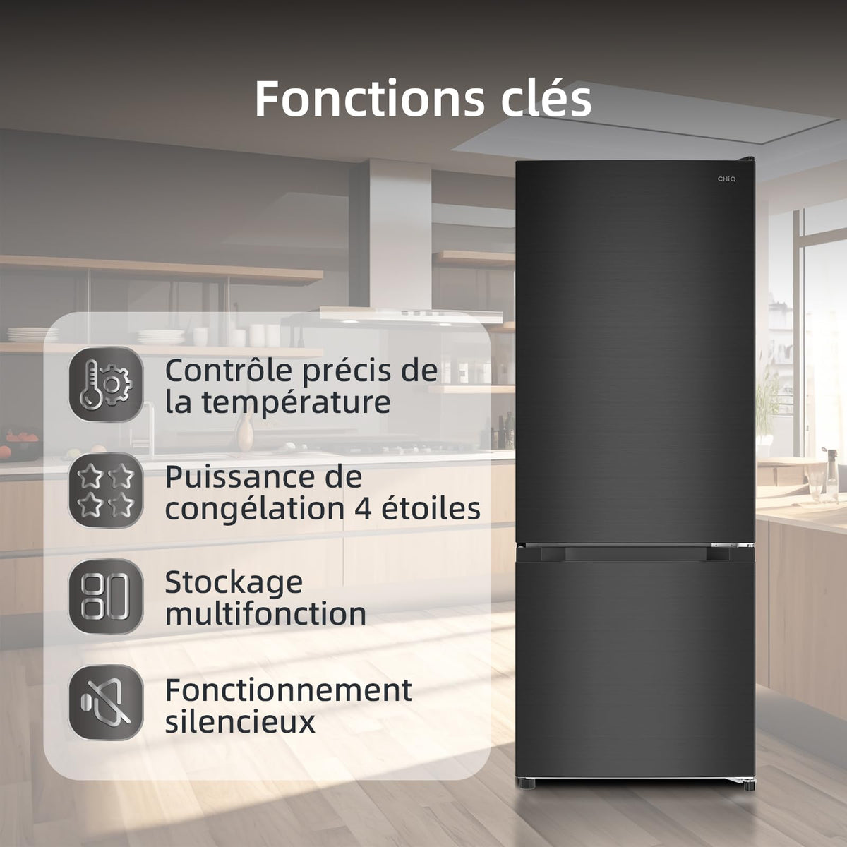 CHIQ Réfrigérateur congélateur FBM205L42-205L (153 + 52),Classe énergétique E, 39 dB, Acier noir, Low frost, Portes réversibles