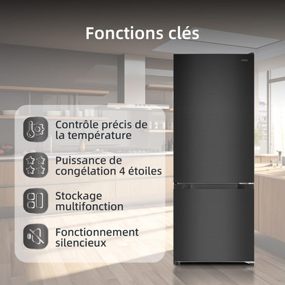 CHIQ Réfrigérateur congélateur FBM205L42-205L (153 + 52),Classe énergétique E, 39 dB, Acier noir, Low frost, Portes réversibles