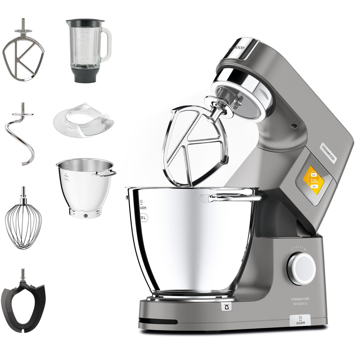 Kenwood Titanium Chef Patissier XL KWL90.034SI, Robot Patissier Balance Intégrée, Batteur K, Pétrin, Fouet, Batteur Souple, Deux Bols, Couvercle Anti-Projections, 1400W, Acier, Argent
