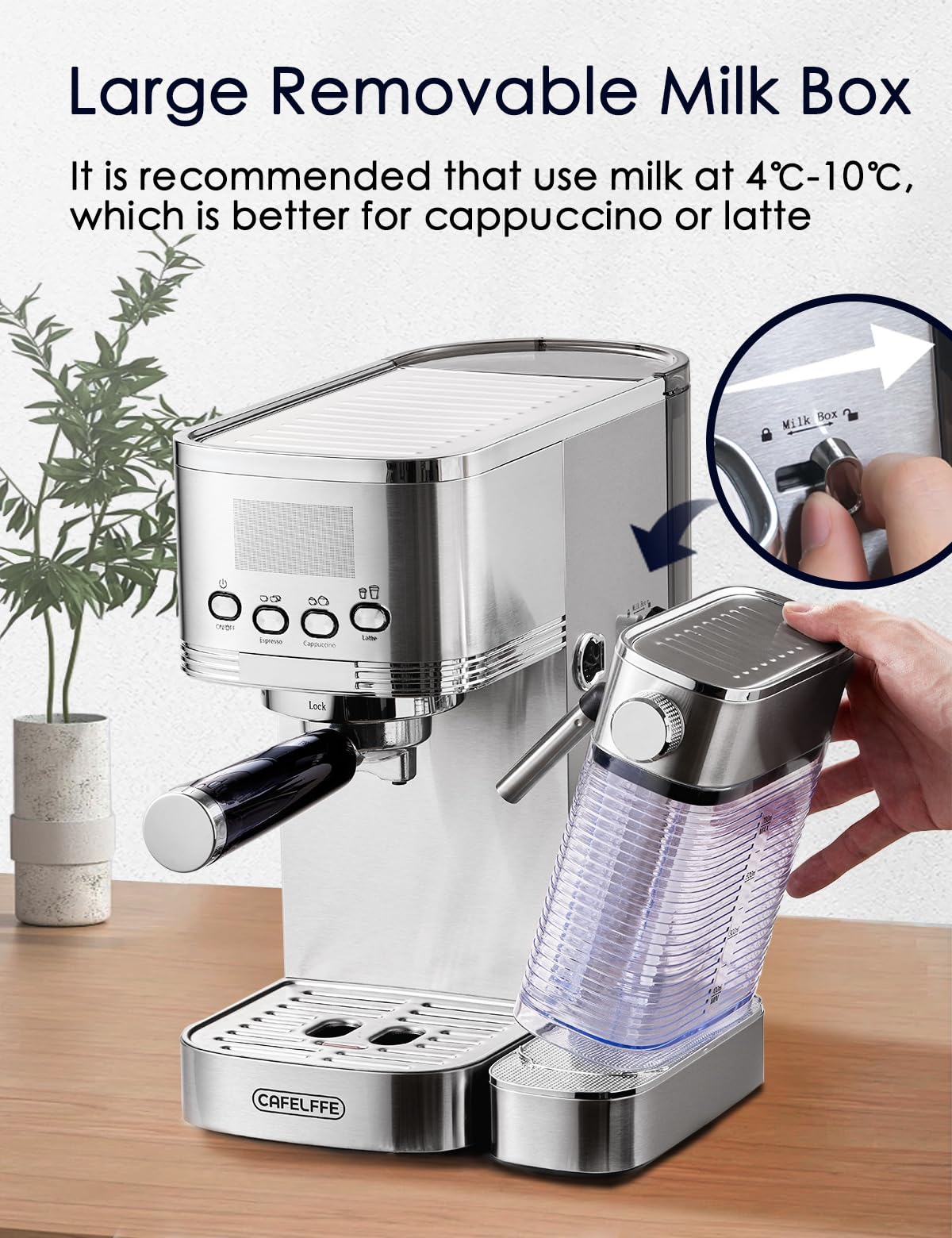 CAFELFFE® Machine à expresso 6 en 1, porte-filtre avec réservoir à lait, machine à cappuccino automatique avec autonettoyage et 3 options de température, 1,3 l en acier inoxydable