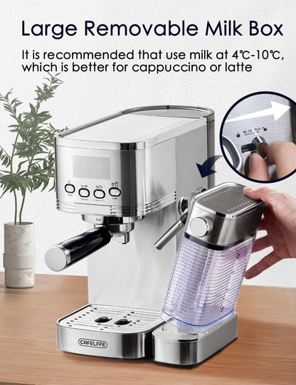 CAFELFFE® Machine à expresso 6 en 1, porte-filtre avec réservoir à lait, machine à cappuccino automatique avec autonettoyage et 3 options de température, 1,3 l en acier inoxydable