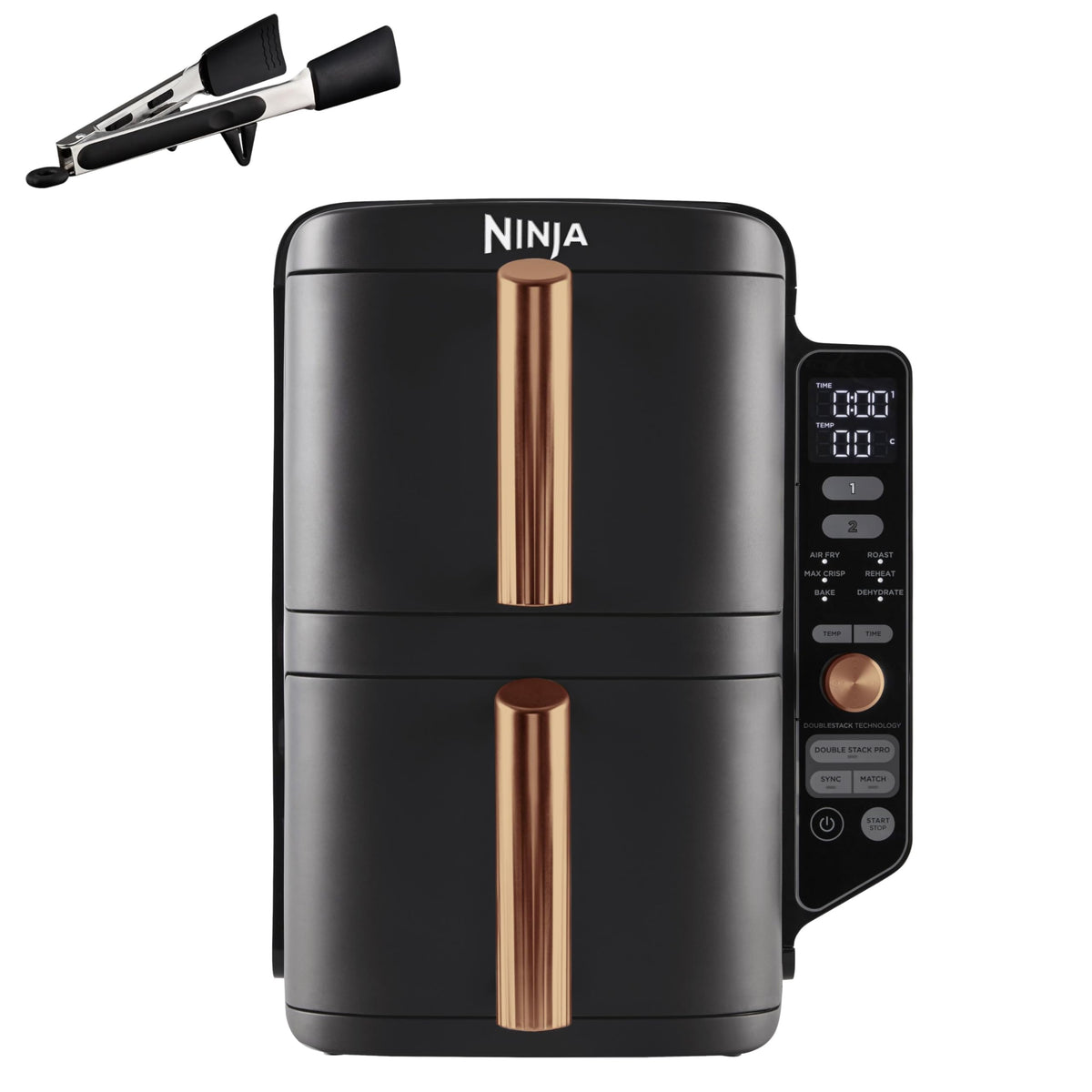 NINJA Double Stack XL Air Fryer 2 Compartiments Verticale, Compact, 4 Niveaux de Cuisson, Capacité de 9,5L, Air Fryer 6-en 1, Pièces Antiadhésives Amovibles Lavables Au Lave-Vaisselle, Noir/Cuivre